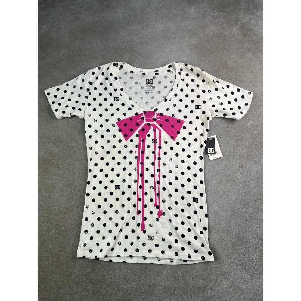 DC Shoes Graphic Tee Polka Dot Hot Pink Dripping Bow V-Neck Shirt Women XS NWT